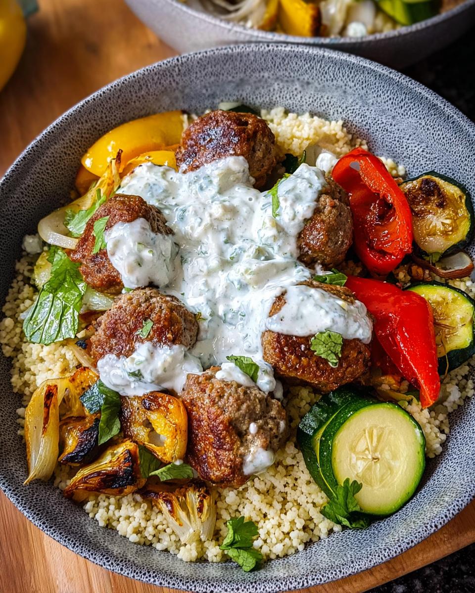 A delicious Greek Meatball Bowl Recipe featuring seasoned meatballs, couscous, roasted vegetables, and creamy tzatziki sauce.