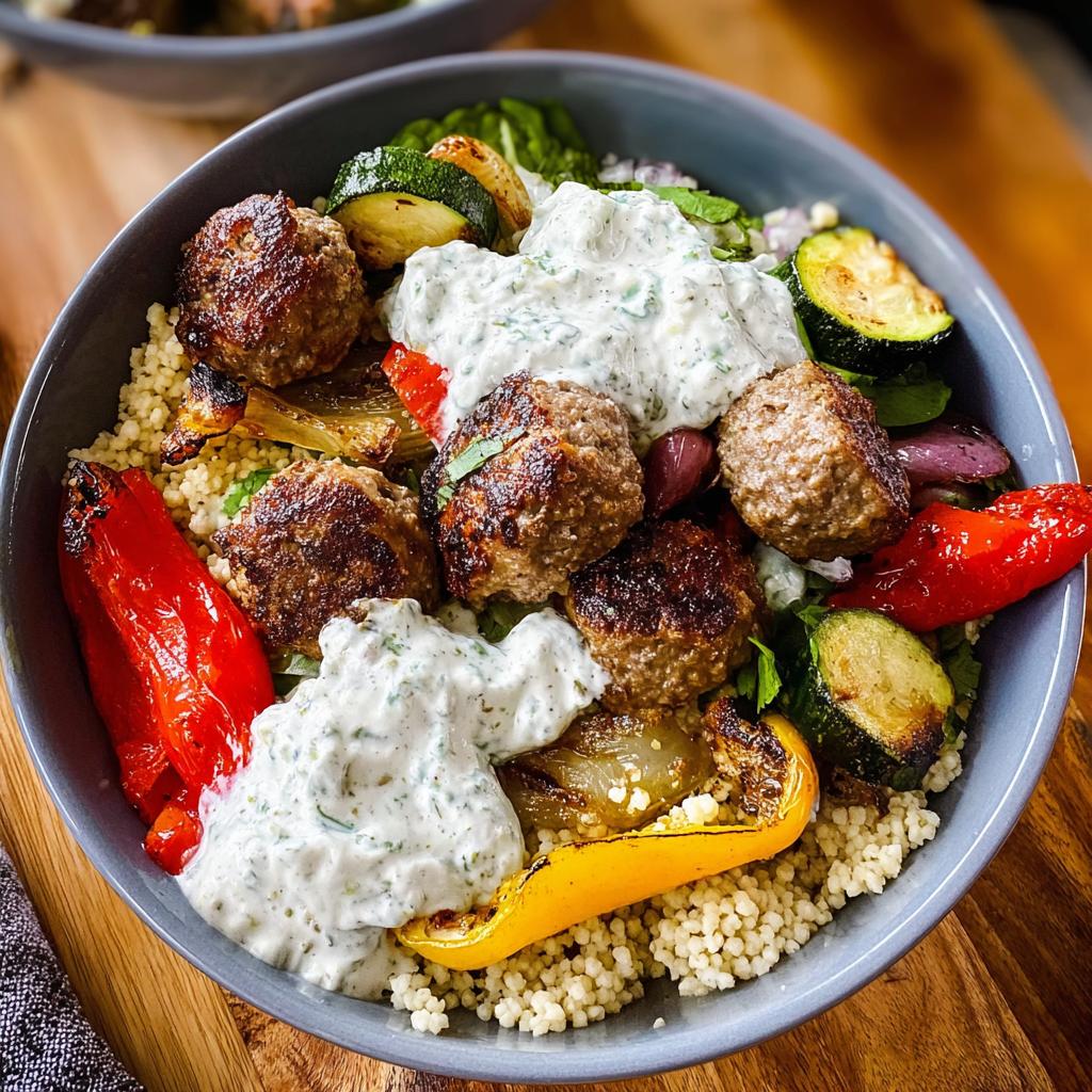 A delicious Greek Meatball Bowl filled with seasoned meatballs, couscous, roasted vegetables, and creamy tzatziki sauce.