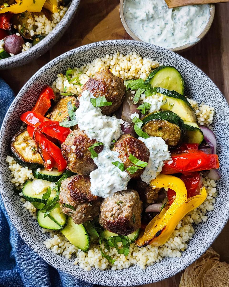 A vibrant Greek Meatball Bowl filled with couscous, juicy meatballs, roasted zucchini, bell peppers, and a dollop of tzatziki sauce.