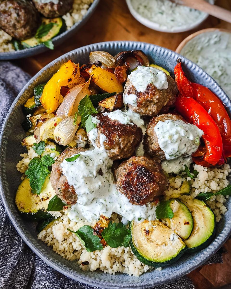 A close-up of a Greek Meatball Bowl featuring juicy meatballs, roasted vegetables, couscous, and a drizzle of tzatziki sauce.