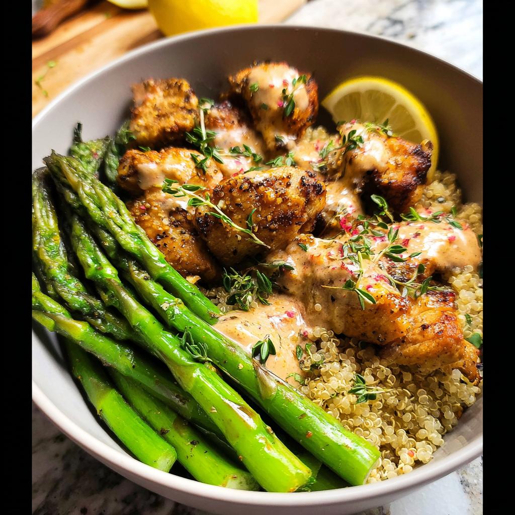 A close-up of a healthy lemon garlic chicken meal prep bowl with quinoa, asparagus, and a creamy sauce.