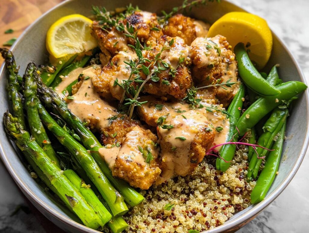 A healthy lemon garlic chicken meal prep bowl with quinoa, asparagus, snap peas, and a creamy sauce.