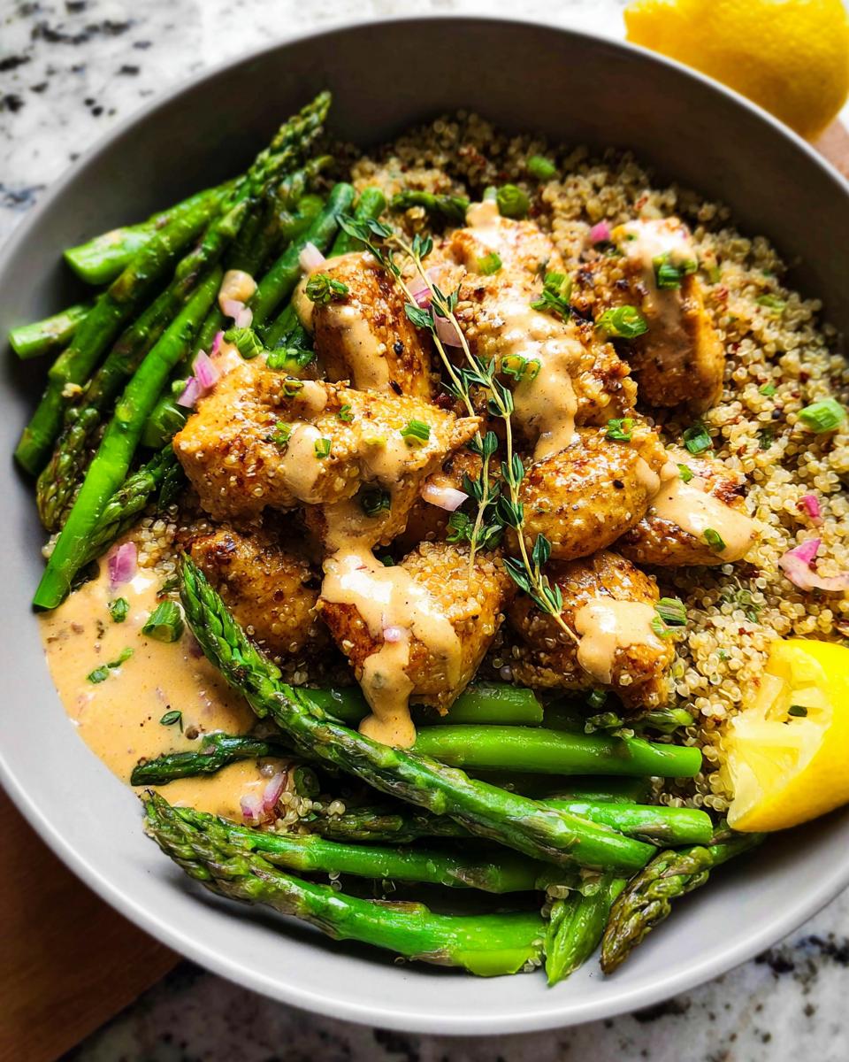 A close-up of a Healthy Lemon Garlic Chicken Meal Prep Bowl with quinoa, asparagus, and chicken pieces drizzled with sauce.