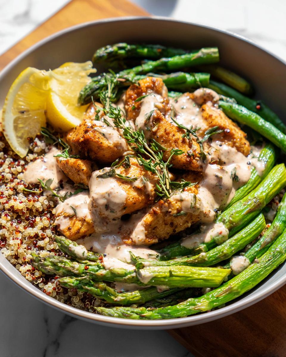 A healthy lemon garlic chicken meal prep bowl with quinoa, asparagus, and a creamy lemon garlic sauce.