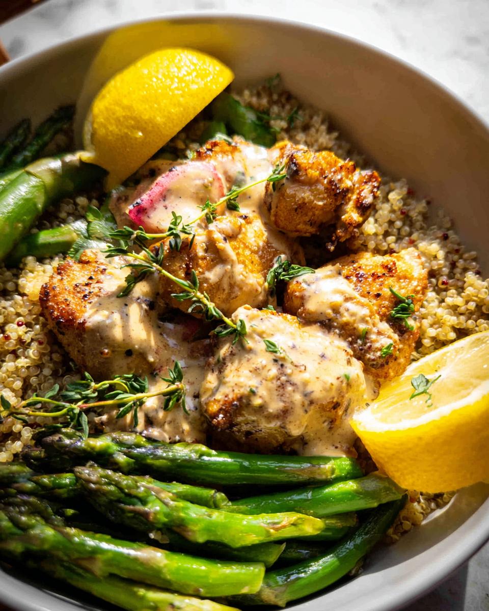 A close-up of a healthy lemon garlic chicken meal prep bowl with quinoa, asparagus, and lemon wedges.