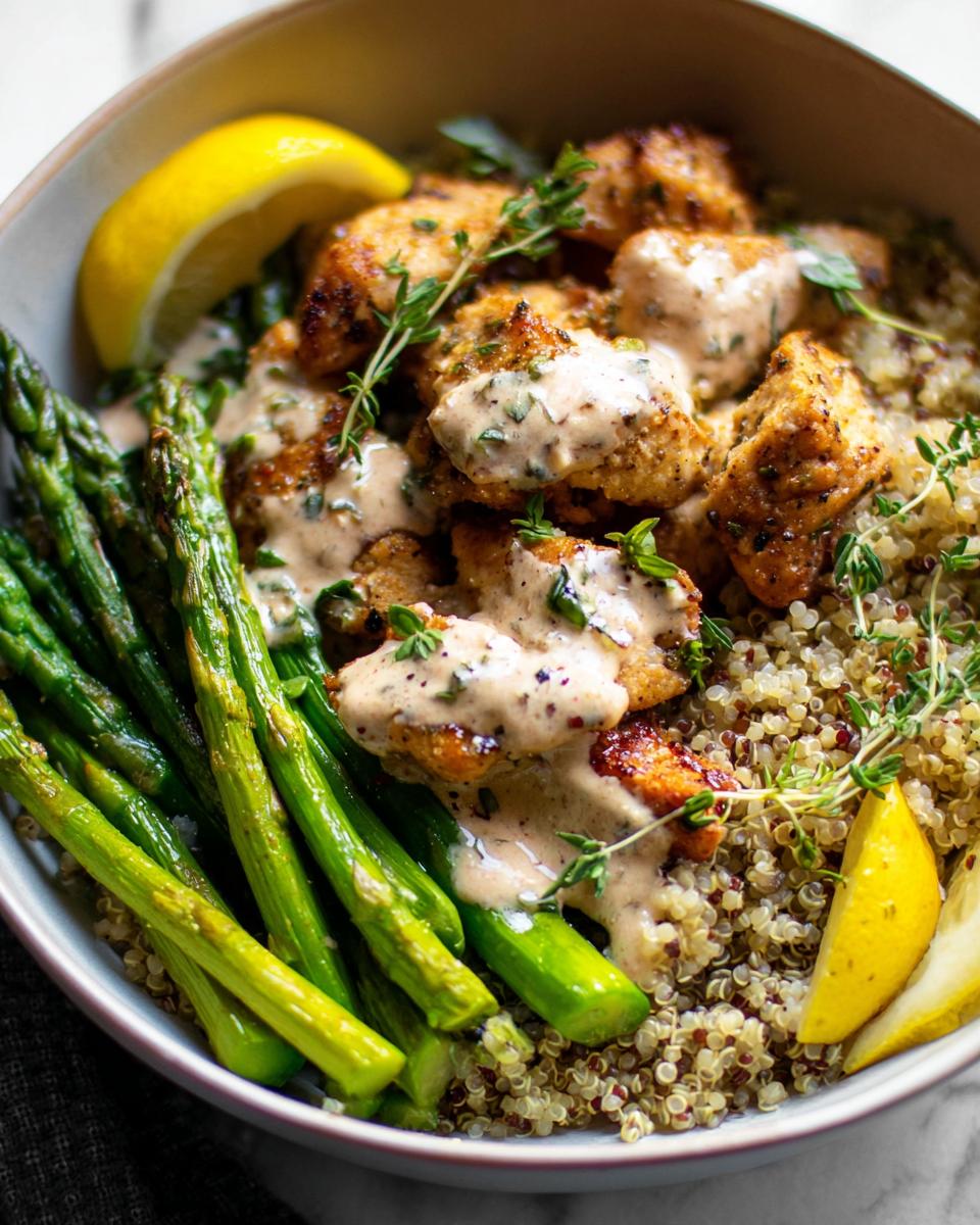A healthy lemon garlic chicken meal prep bowl with quinoa, asparagus, and a creamy sauce.