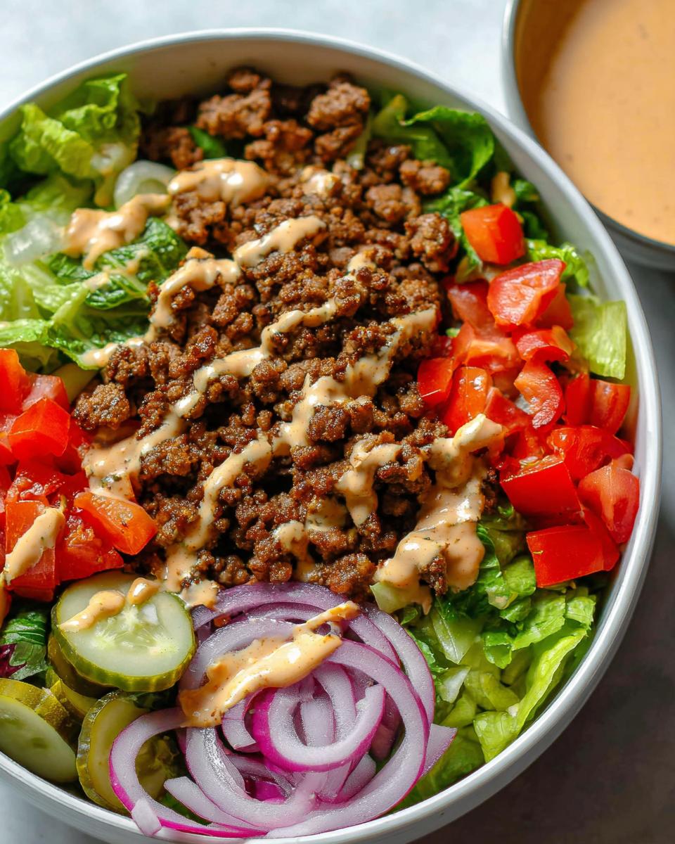 A vibrant High-Protein Cheeseburger Bowl filled with seasoned ground beef, chopped lettuce, tomatoes, red onion, pickles, and a drizzle of sauce.