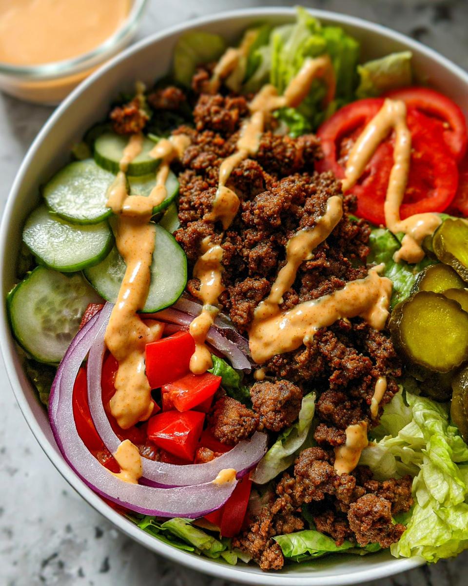 A close-up of a High-Protein Cheeseburger Bowl with seasoned ground beef, lettuce, tomatoes, cucumbers, pickles, and a drizzle of sauce.