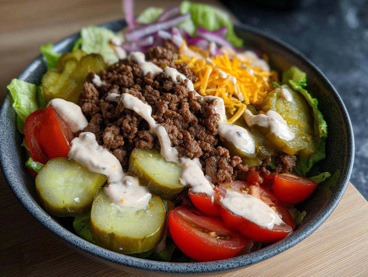 A delicious High-Protein Cheeseburger Bowl filled with seasoned ground beef, shredded cheese, pickles, tomatoes, and lettuce, drizzled with sauce.