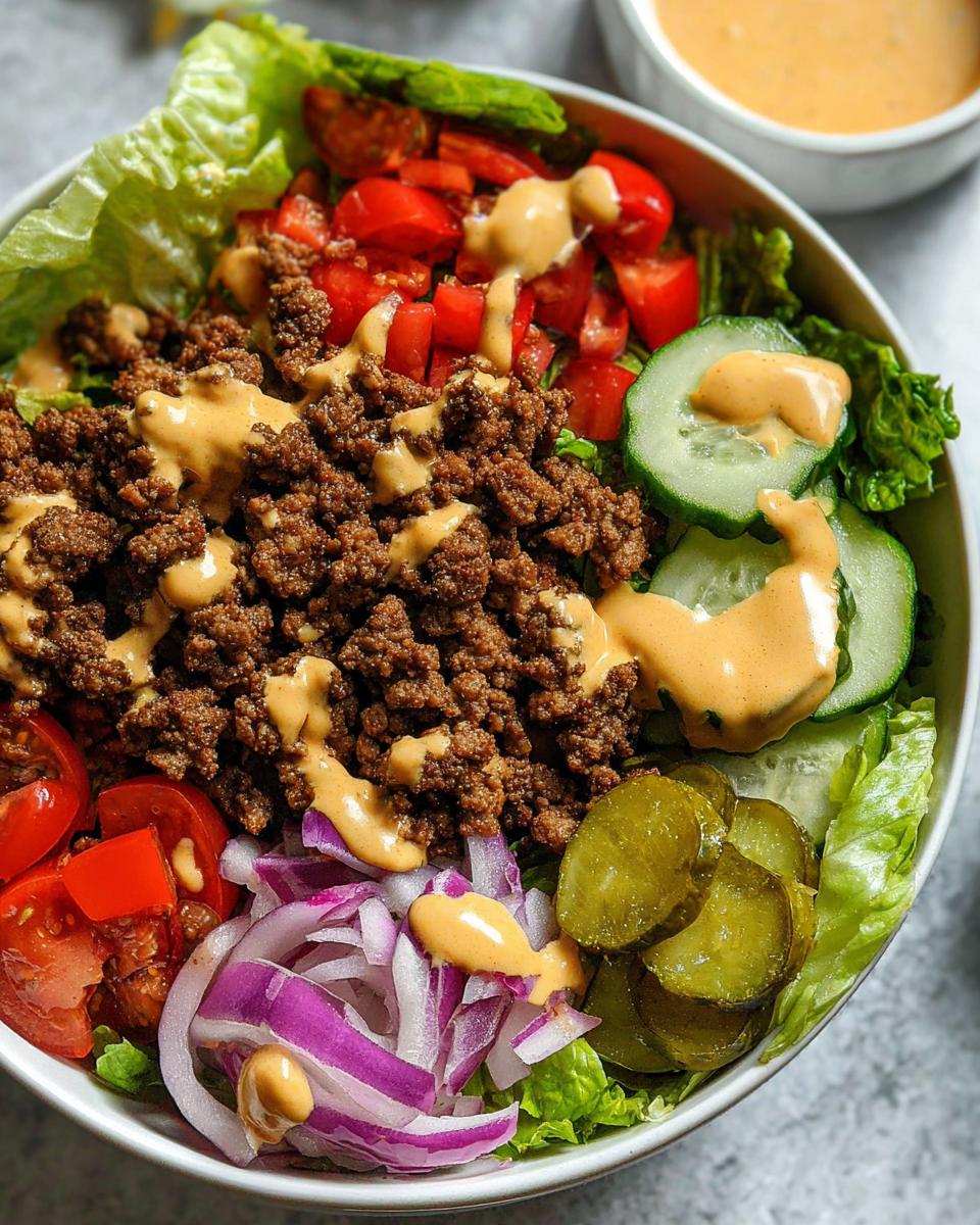 A bowl filled with ingredients for a High-Protein Cheeseburger Bowl, including seasoned ground beef, lettuce, tomatoes, cucumbers, pickles, and red onion, drizzled with sauce.