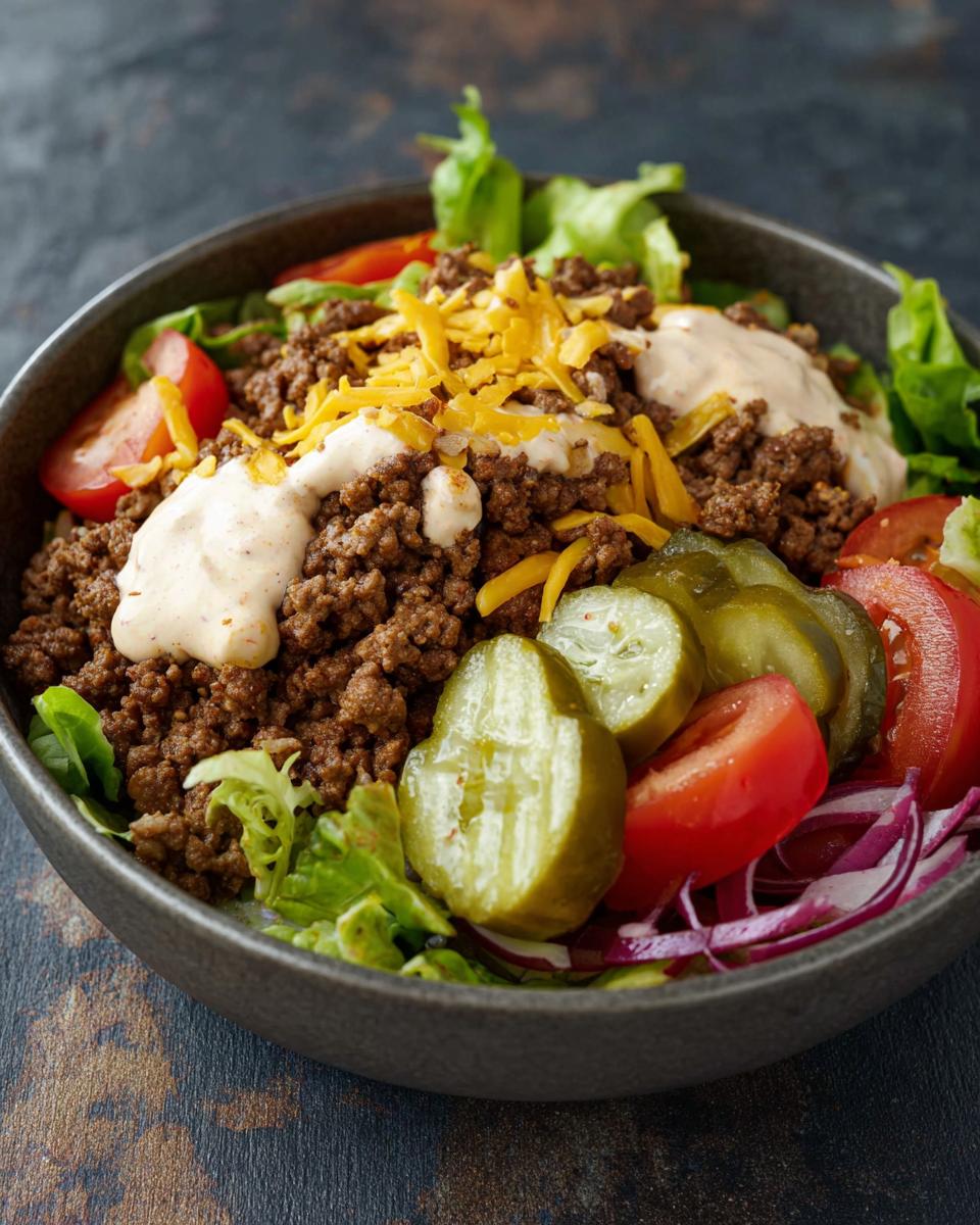A delicious High-Protein Cheeseburger Bowl with ground beef, lettuce, tomatoes, pickles, cheese, and sauce.