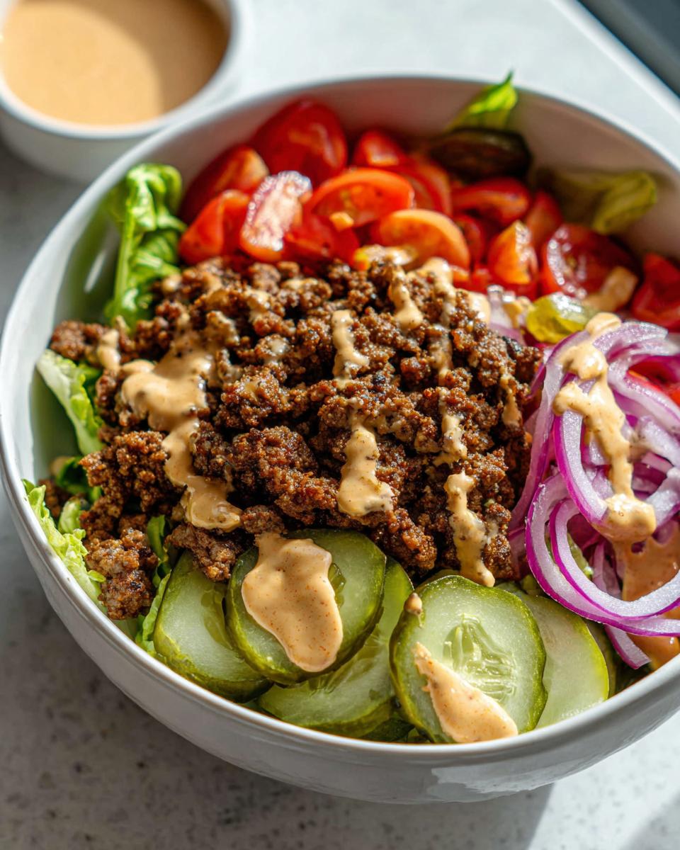A delicious High-Protein Cheeseburger Bowl with seasoned ground beef, lettuce, tomatoes, pickles, red onion, and a creamy sauce.