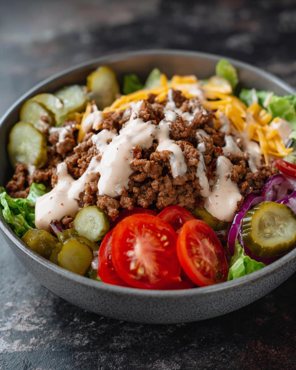 A delicious High-Protein Cheeseburger Bowl filled with seasoned ground beef, shredded cheese, lettuce, tomatoes, pickles, and a creamy sauce.