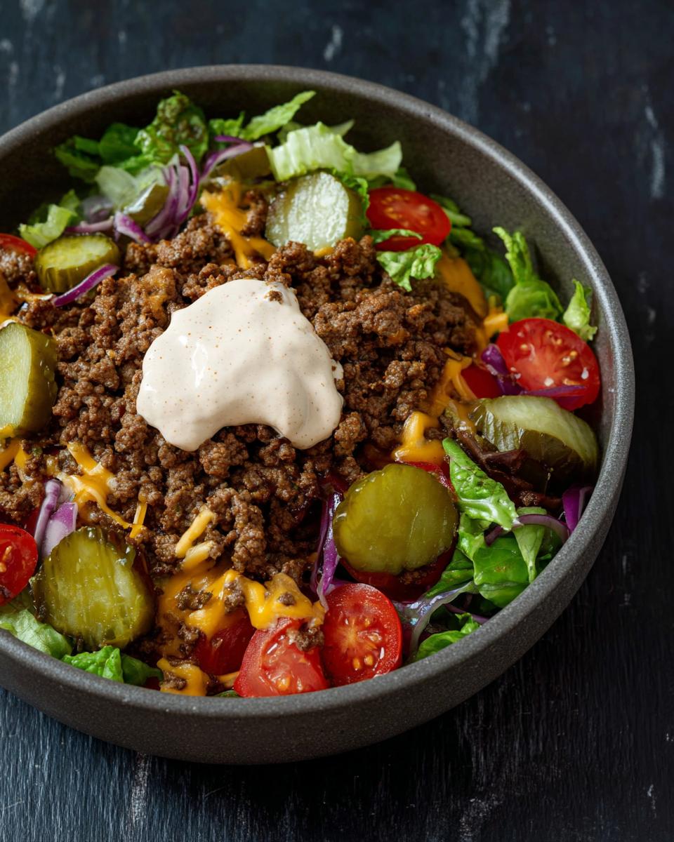A delicious High-Protein Cheeseburger Bowl filled with seasoned ground beef, shredded cheese, lettuce, tomatoes, pickles, and a dollop of sauce.