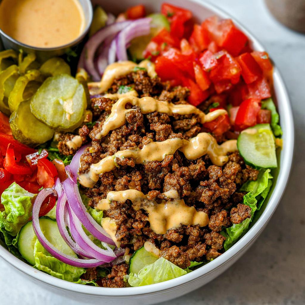 A delicious High-Protein Cheeseburger Bowl with seasoned ground beef, fresh lettuce, tomatoes, pickles, onions, and a creamy dressing.