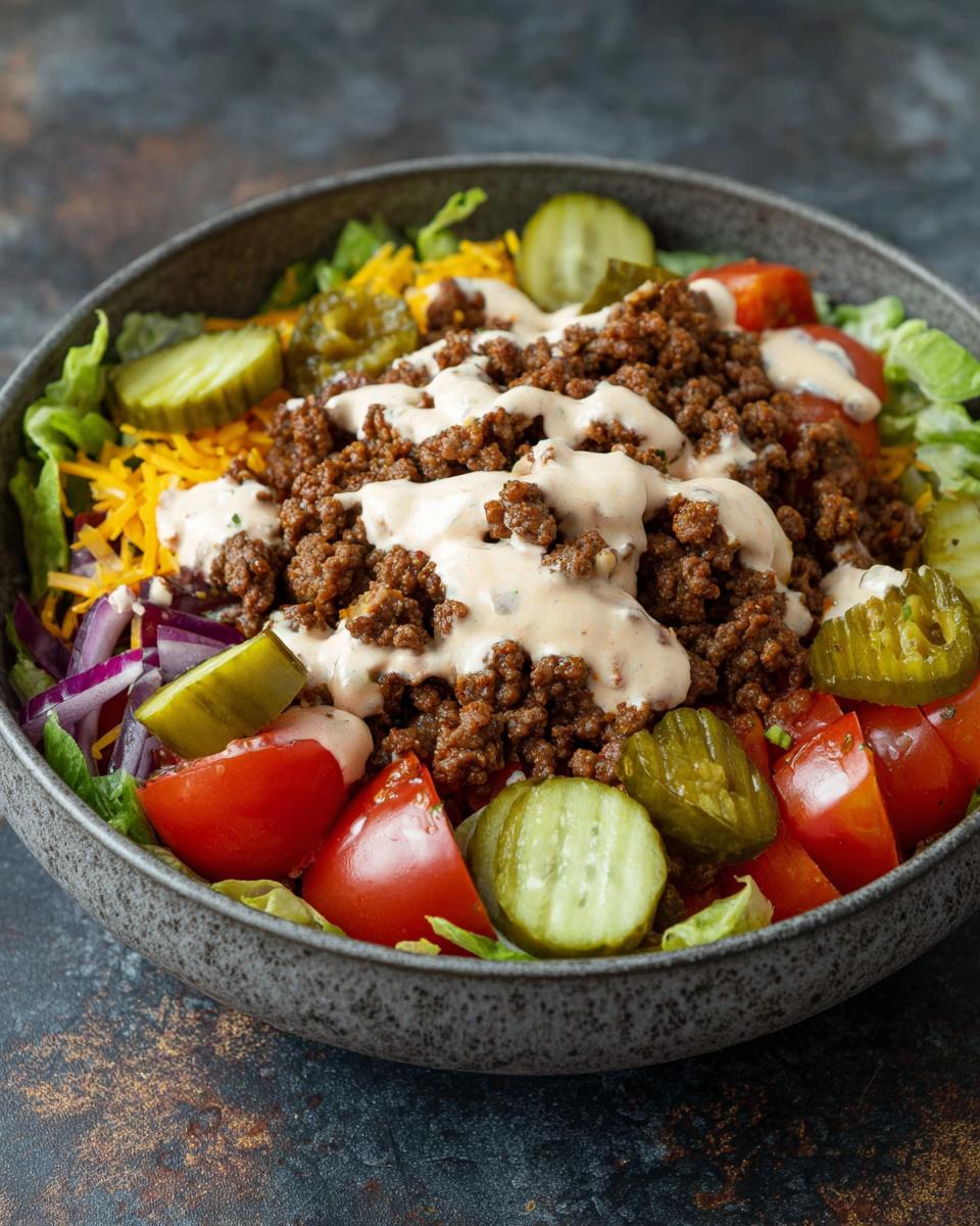 A delicious bowl filled with ground beef, lettuce, tomatoes, pickles, onions, cheese, and a creamy sauce, representing the High-Protein Cheeseburger Bowls Recipe.