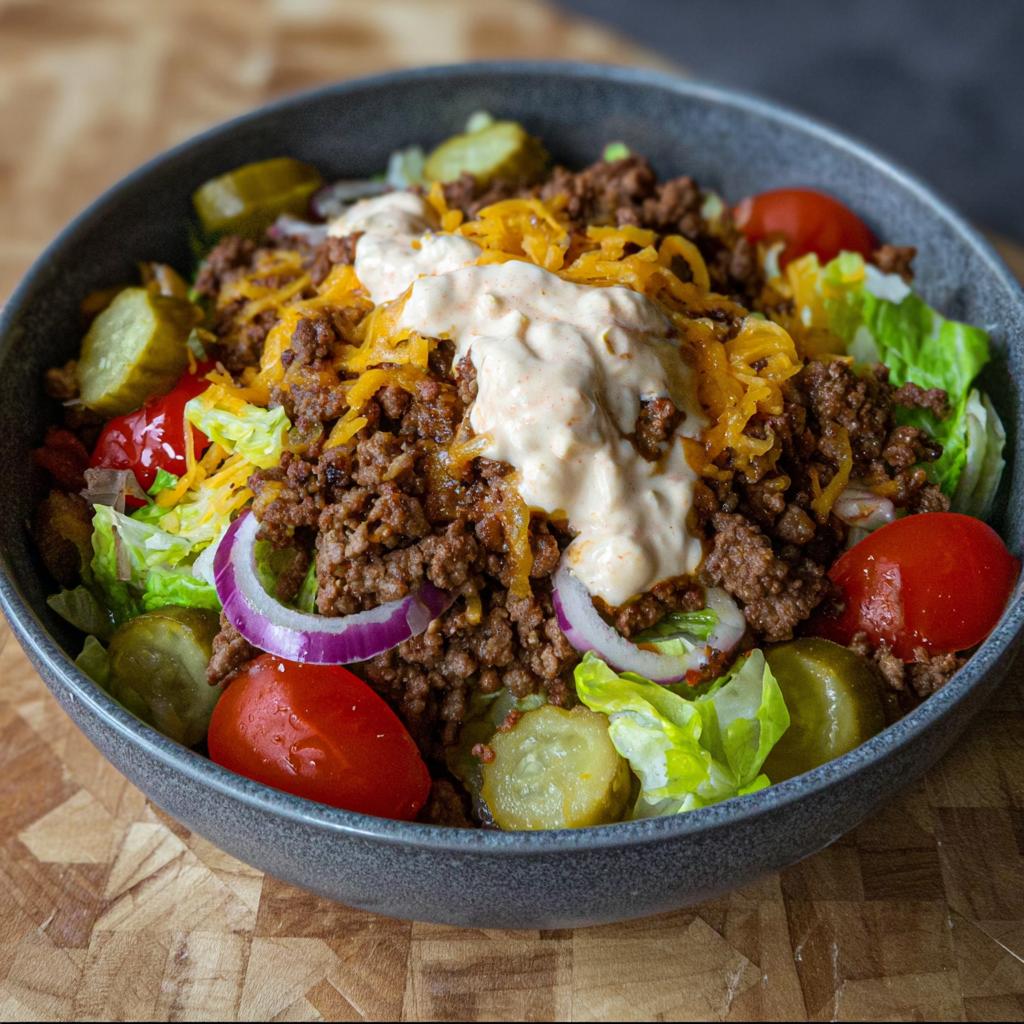 A delicious bowl filled with seasoned ground beef, shredded cheese, lettuce, pickles, tomatoes, and onions, topped with a creamy sauce. High-Protein Cheeseburger Bowls Recipe.