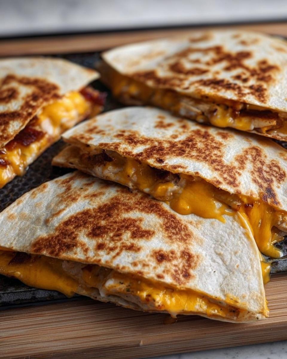 Close-up of a stack of golden-brown High-Protein Chicken Ranch Quesadillas, oozing with melted cheddar cheese.