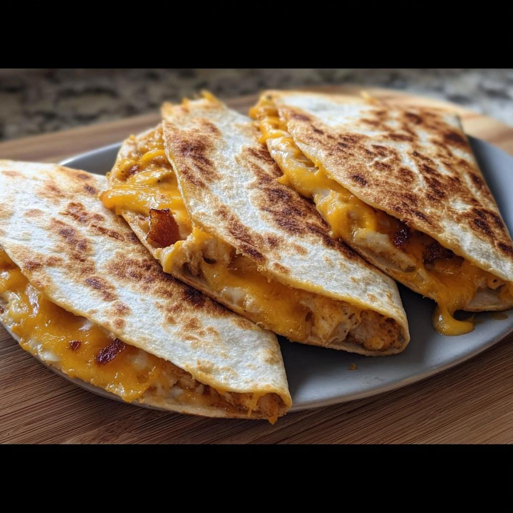 Close-up of golden-brown High-Protein Chicken Ranch Quesadilla slices filled with melted cheese and chicken.