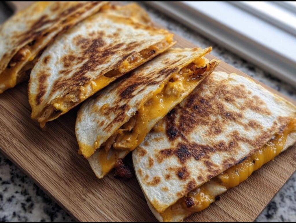 Golden-brown slices of High-Protein Chicken Ranch Quesadilla filled with melted cheese and chicken.