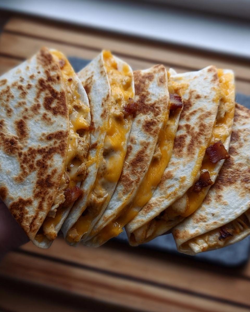 A close-up of several slices of a High-Protein Chicken Ranch Quesadilla, showing melted cheese and chicken filling.