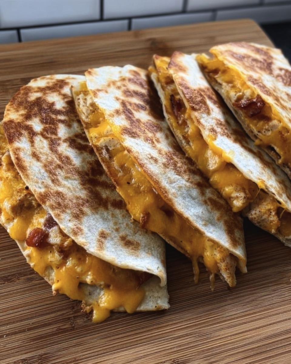 A close-up of several slices of a golden-brown High-Protein Chicken Ranch Quesadilla, with melted cheese oozing out.