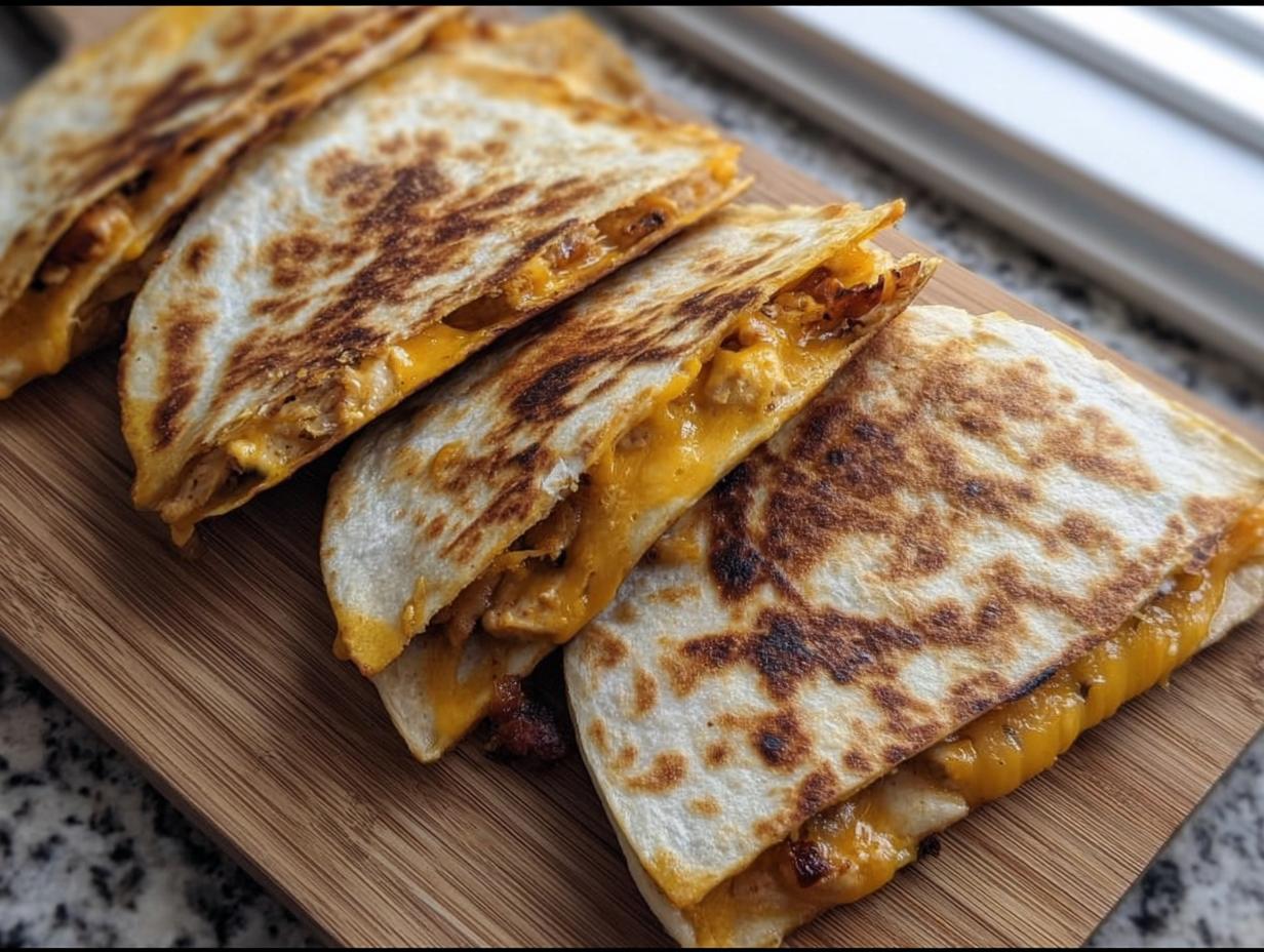 Golden-brown slices of High-Protein Chicken Ranch Quesadilla filled with melted cheese and chicken.