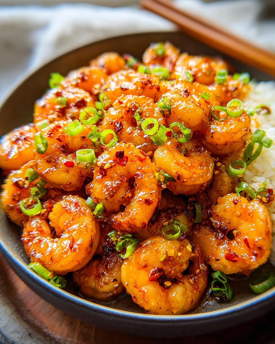Close-up of a bowl of High-Protein Honey Garlic Shrimp served over white rice, garnished with chopped green onions and chili flakes.