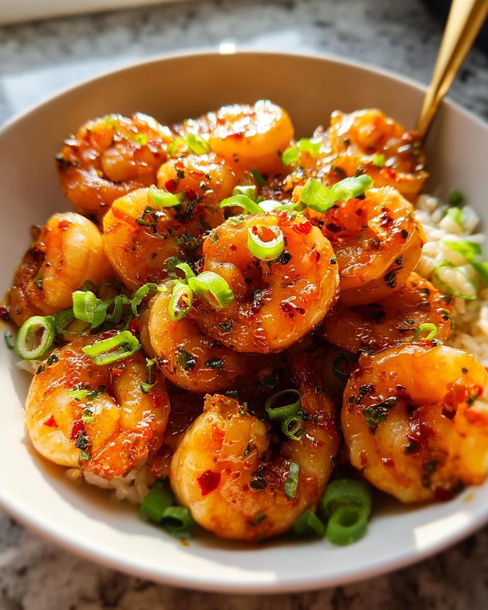 A close-up of a bowl filled with glistening High-Protein Honey Garlic Shrimp served over white rice and garnished with green onions.