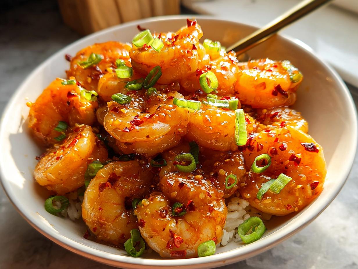 A bowl of High-Protein Honey Garlic Shrimp served over white rice, garnished with green onions and chili flakes.