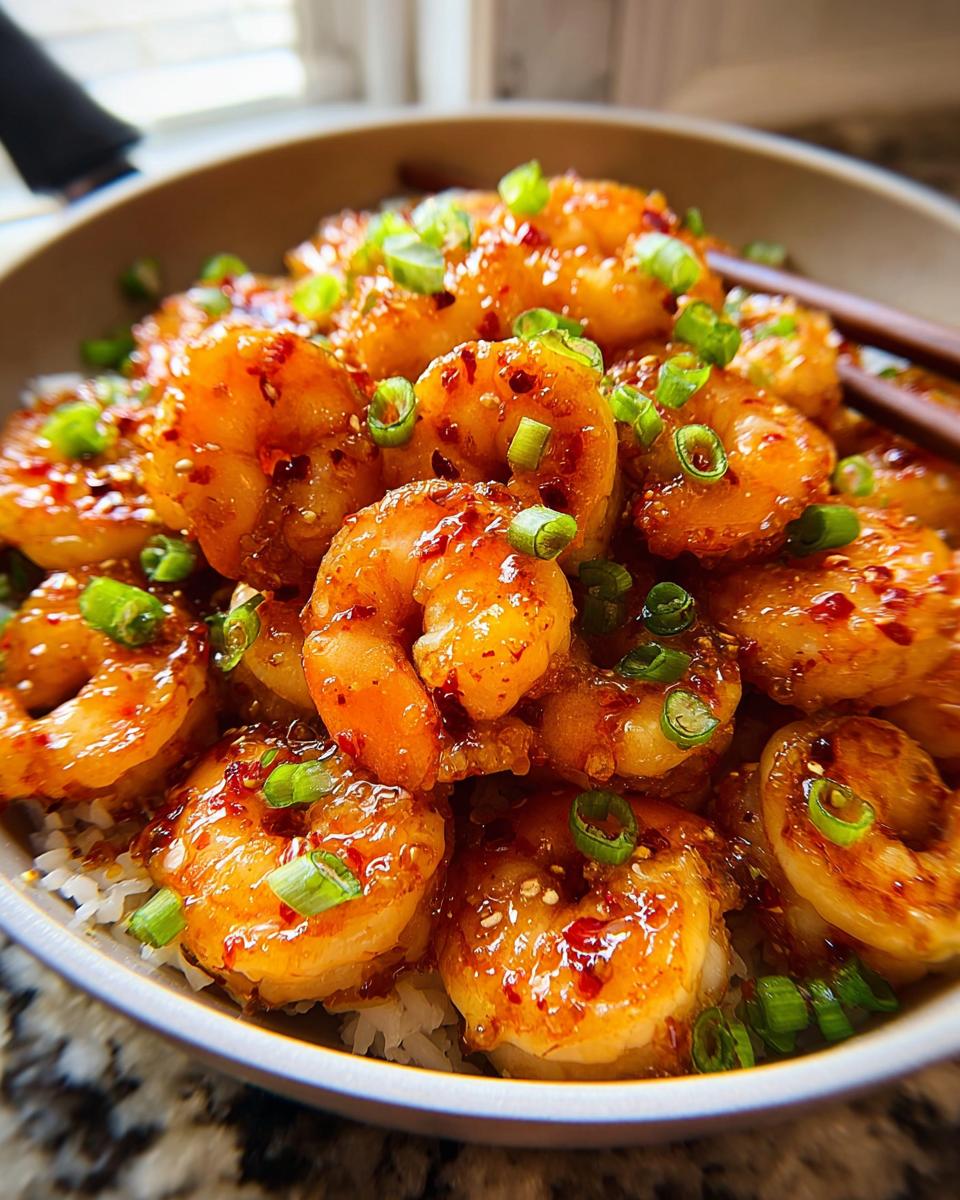 A close-up of glossy, glazed High-Protein Honey Garlic Shrimp piled high on a bed of white rice, garnished with chopped green onions.