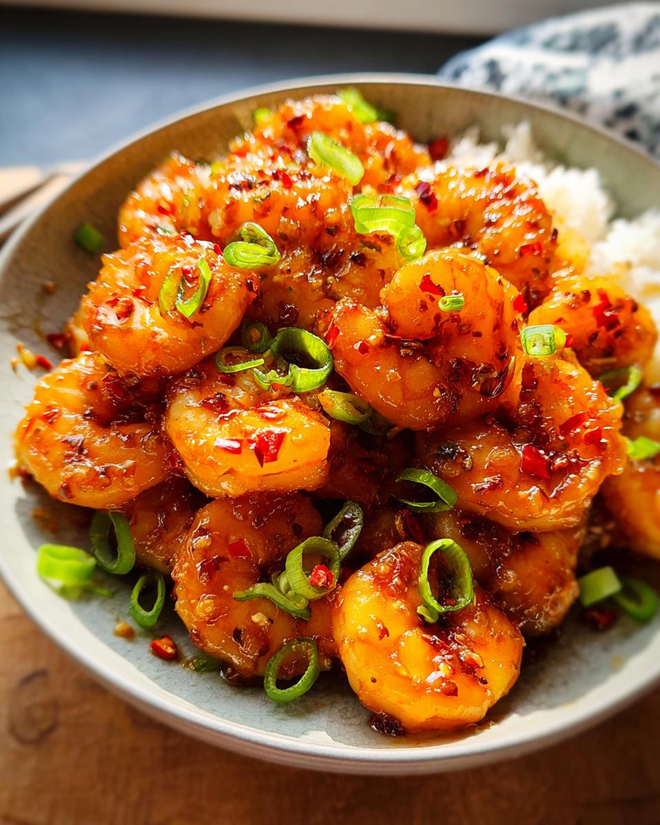 A close-up of glistening High-Protein Honey Garlic Shrimp served over white rice and garnished with chopped green onions and chili flakes.