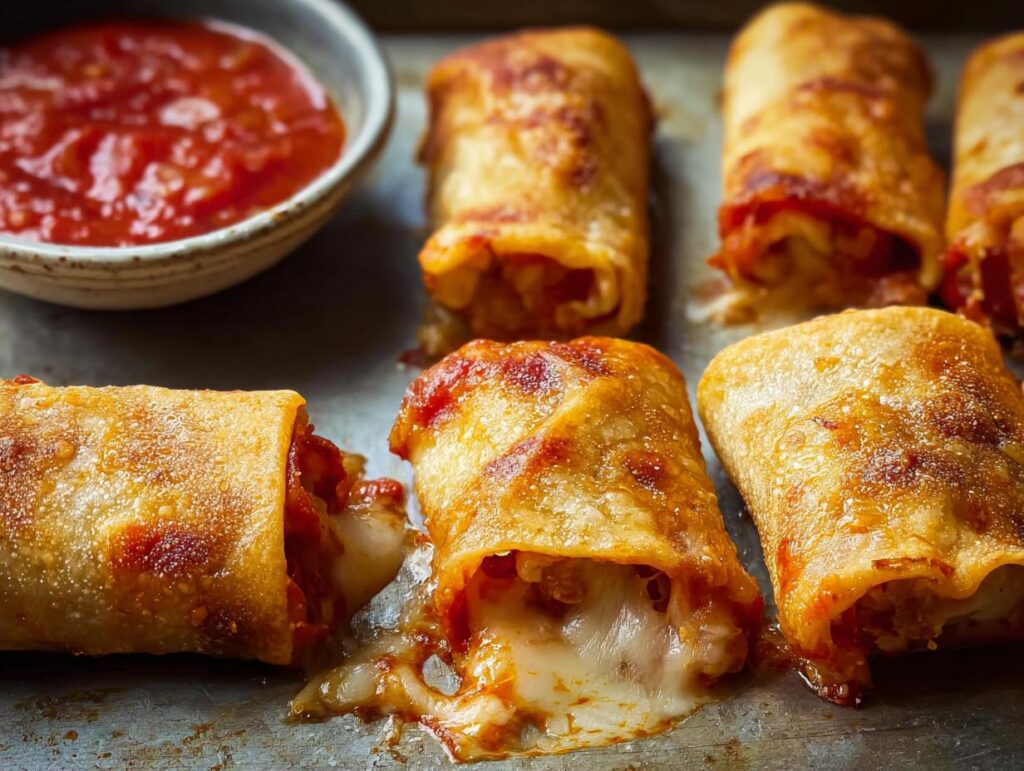 Close-up of golden-brown HIGH PROTEIN Pepperoni Pizza Rolls with gooey melted cheese spilling out, served with marinara sauce.