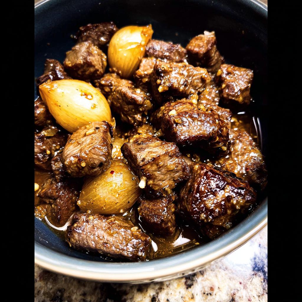 Close-up of tender High Protein Slow Cooker Garlic Butter Beef Bites in a bowl with whole garlic cloves.