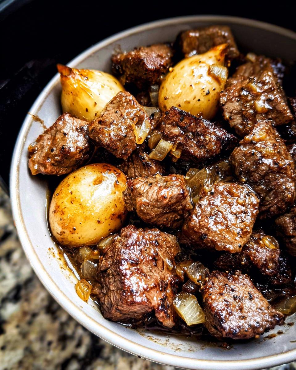 Close-up of tender High Protein Slow Cooker Garlic Butter Beef Bites with onions and garlic in a bowl.