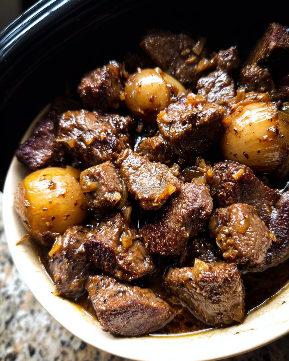 Close-up of tender High Protein Slow Cooker Garlic Butter Beef Bites with onions in a rich sauce.
