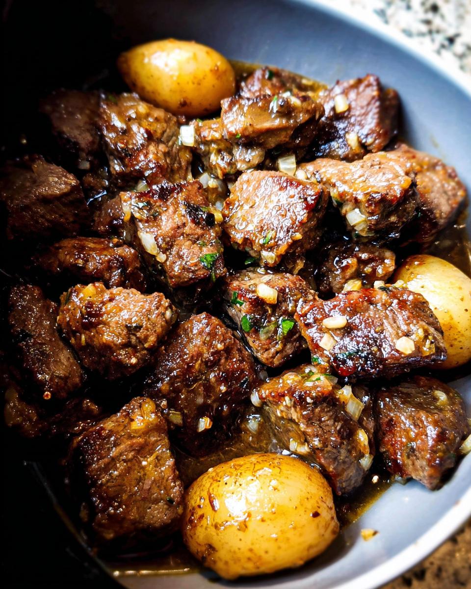 Close-up of tender High Protein Slow Cooker Garlic Butter Beef Bites with small potatoes in a rich sauce.