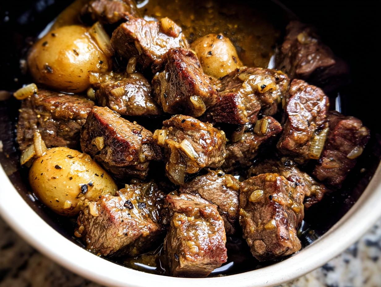 Close-up of tender High Protein Slow Cooker Garlic Butter Beef Bites with small potatoes in a rich sauce.