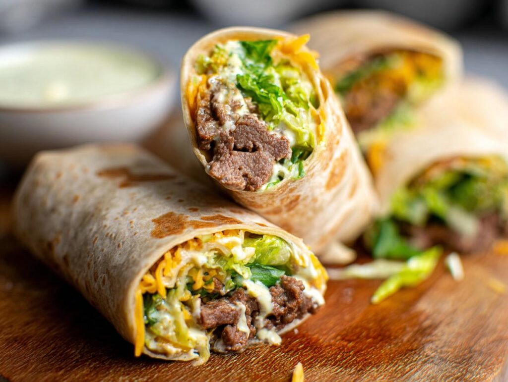Close-up of delicious homemade Big Mac Wraps filled with seasoned beef, shredded lettuce, cheese, and sauce.