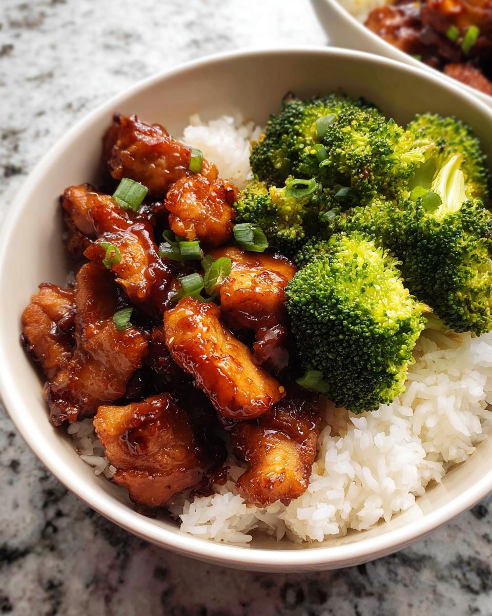 A delicious Honey Garlic Pork Rice Bowl featuring tender pork pieces, fluffy white rice, and steamed broccoli florets, garnished with green onions.