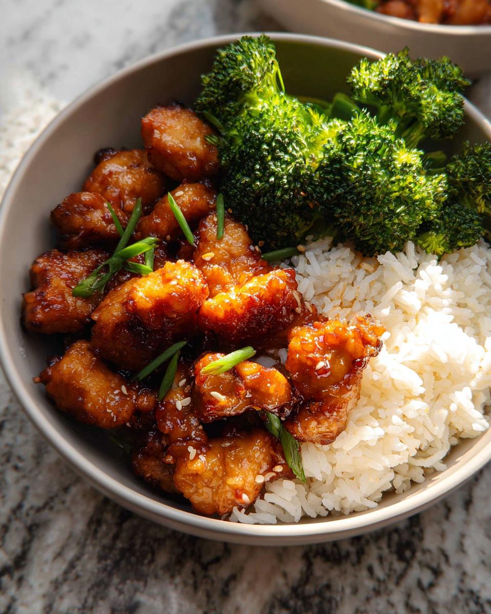 A delicious Honey Garlic Pork Rice Bowl with tender pork pieces, fluffy white rice, and steamed broccoli florets.