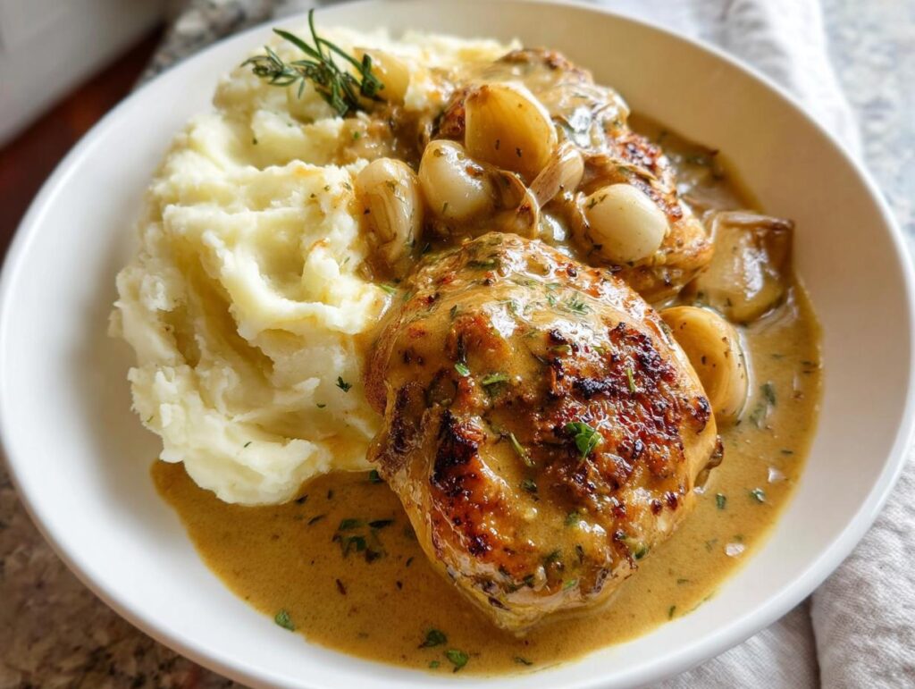 A bowl of Irresistible Garlic Herb Chicken with Creamy Mashed Potatoes, garnished with rosemary.