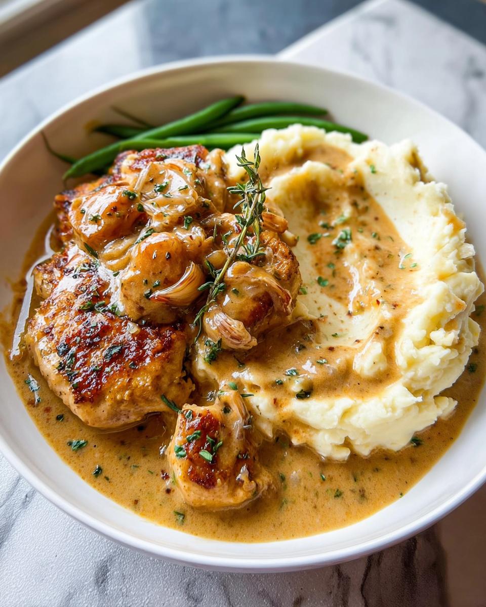 Close-up of Irresistible Garlic Herb Chicken served with creamy mashed potatoes and green beans, drizzled in sauce.