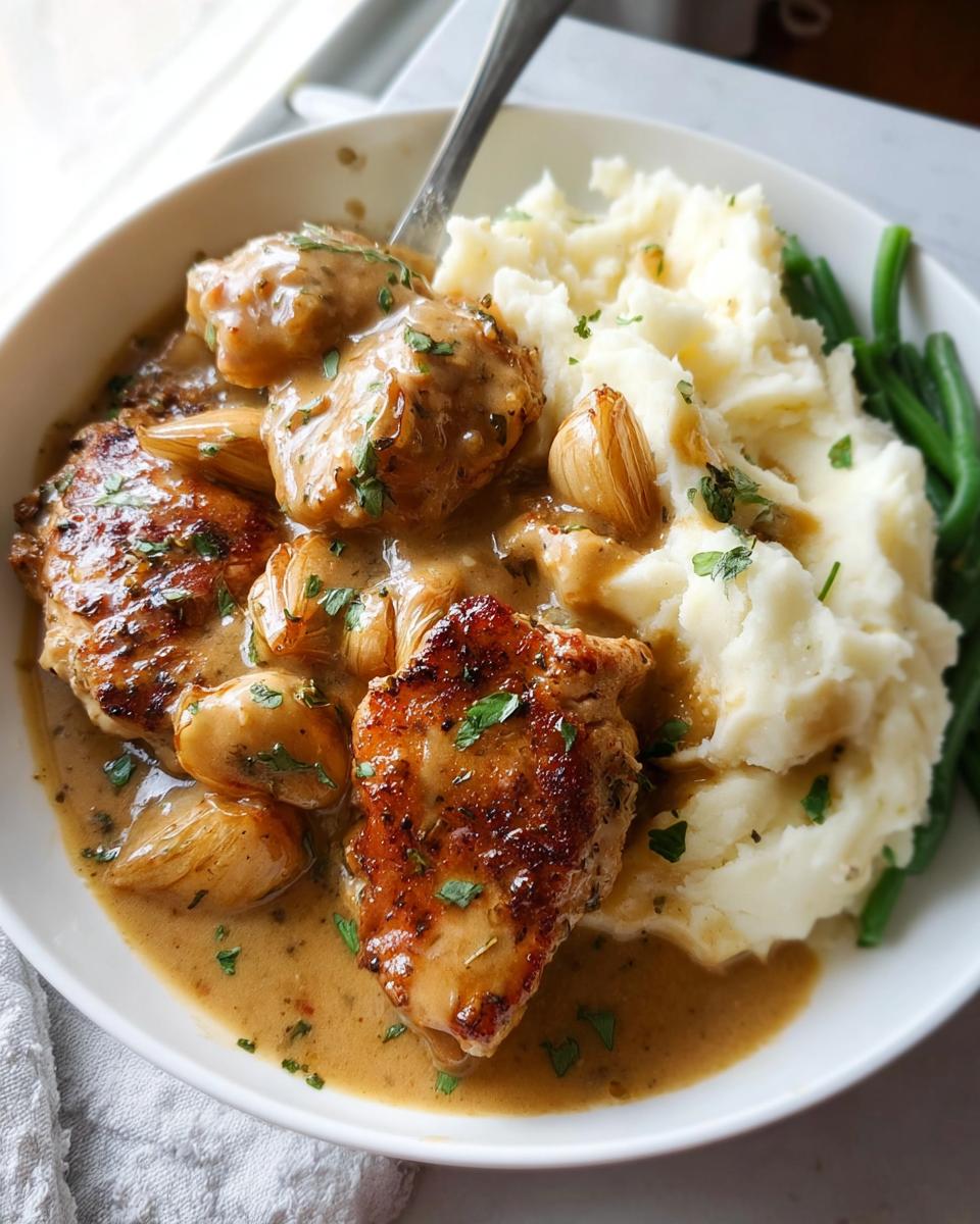 A bowl of Irresistible Garlic Herb Chicken served with creamy mashed potatoes and green beans.