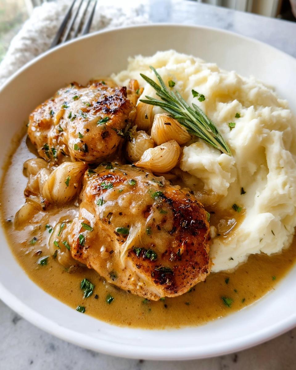 Close-up of Irresistible Garlic Herb Chicken with Creamy Mashed Potatoes, garnished with rosemary and parsley.