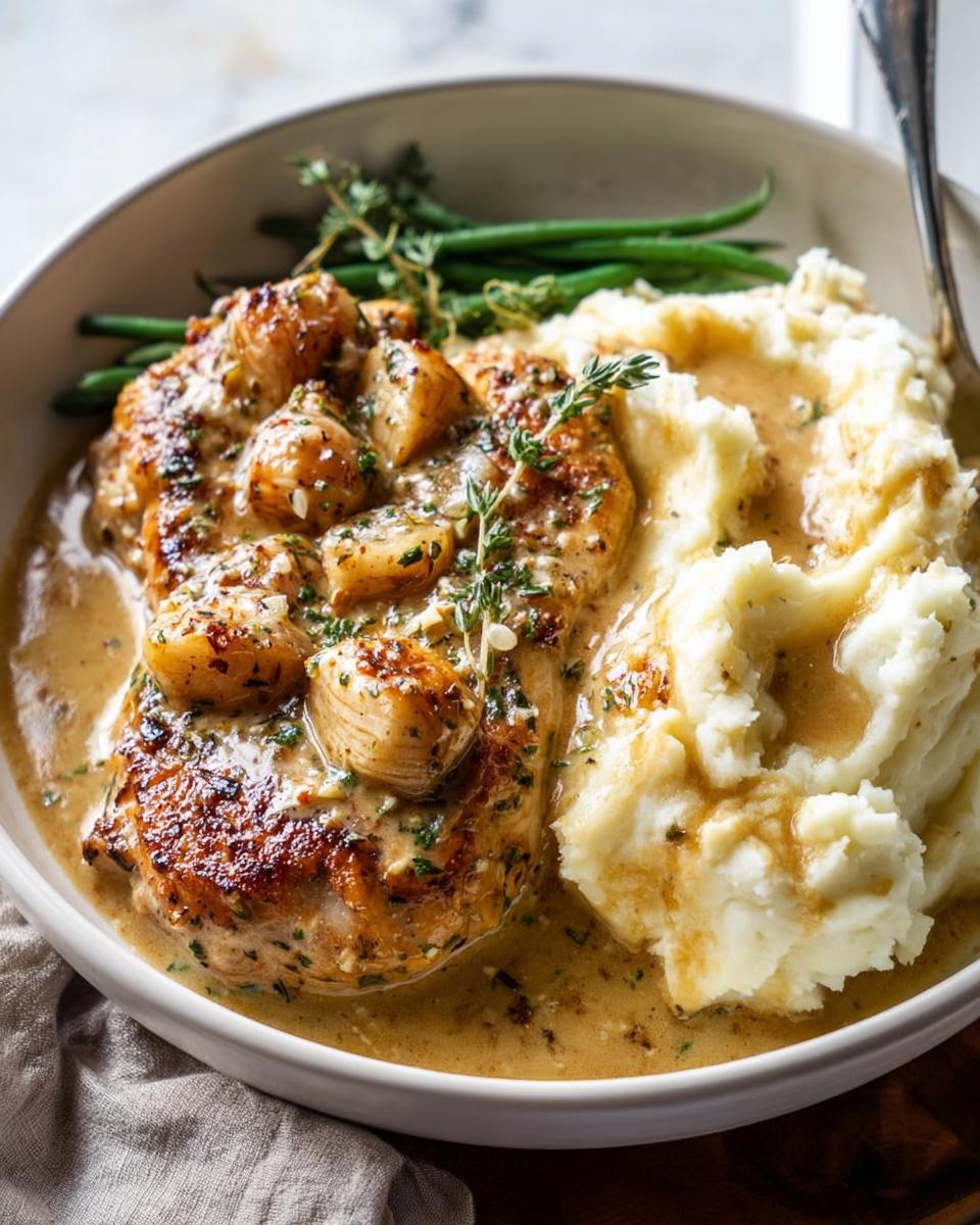 A serving of Irresistible Garlic Herb Chicken with creamy mashed potatoes and green beans, drizzled in a rich sauce.