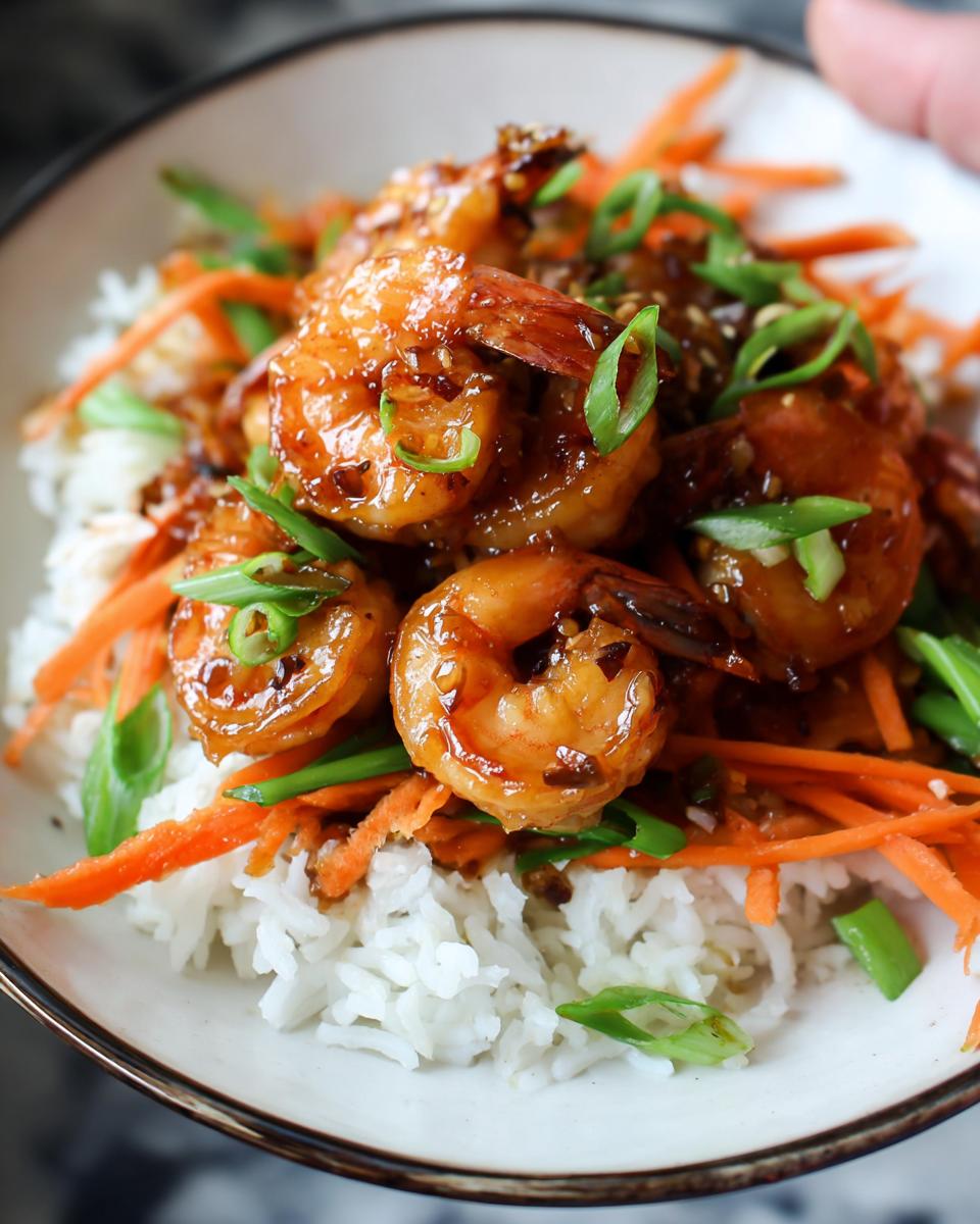 Close-up of Irresistible Honey Garlic Shrimp Bowls with fluffy white rice, shredded carrots, and green onions.