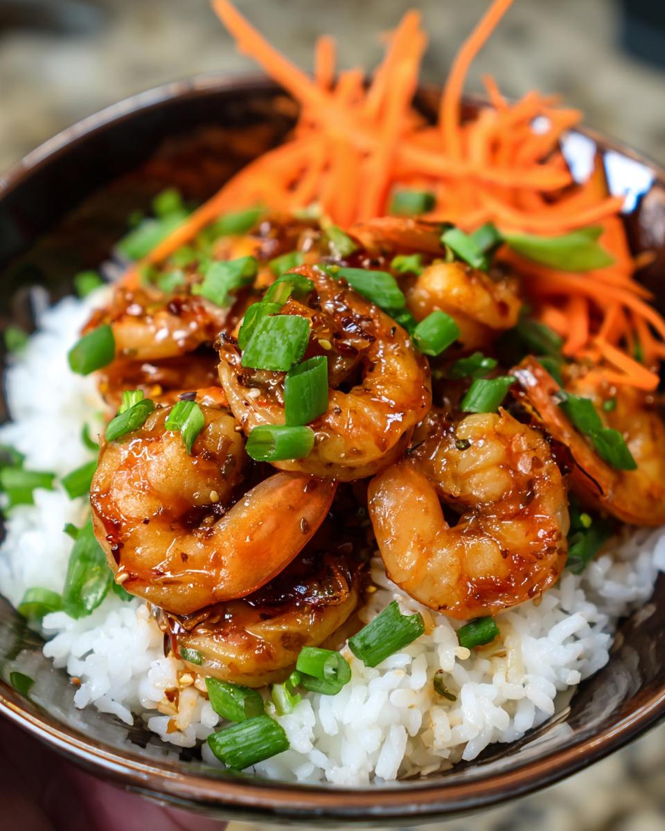 A close-up of Irresistible Honey Garlic Shrimp Bowls, featuring glossy shrimp over white rice, topped with green onions and shredded carrots.