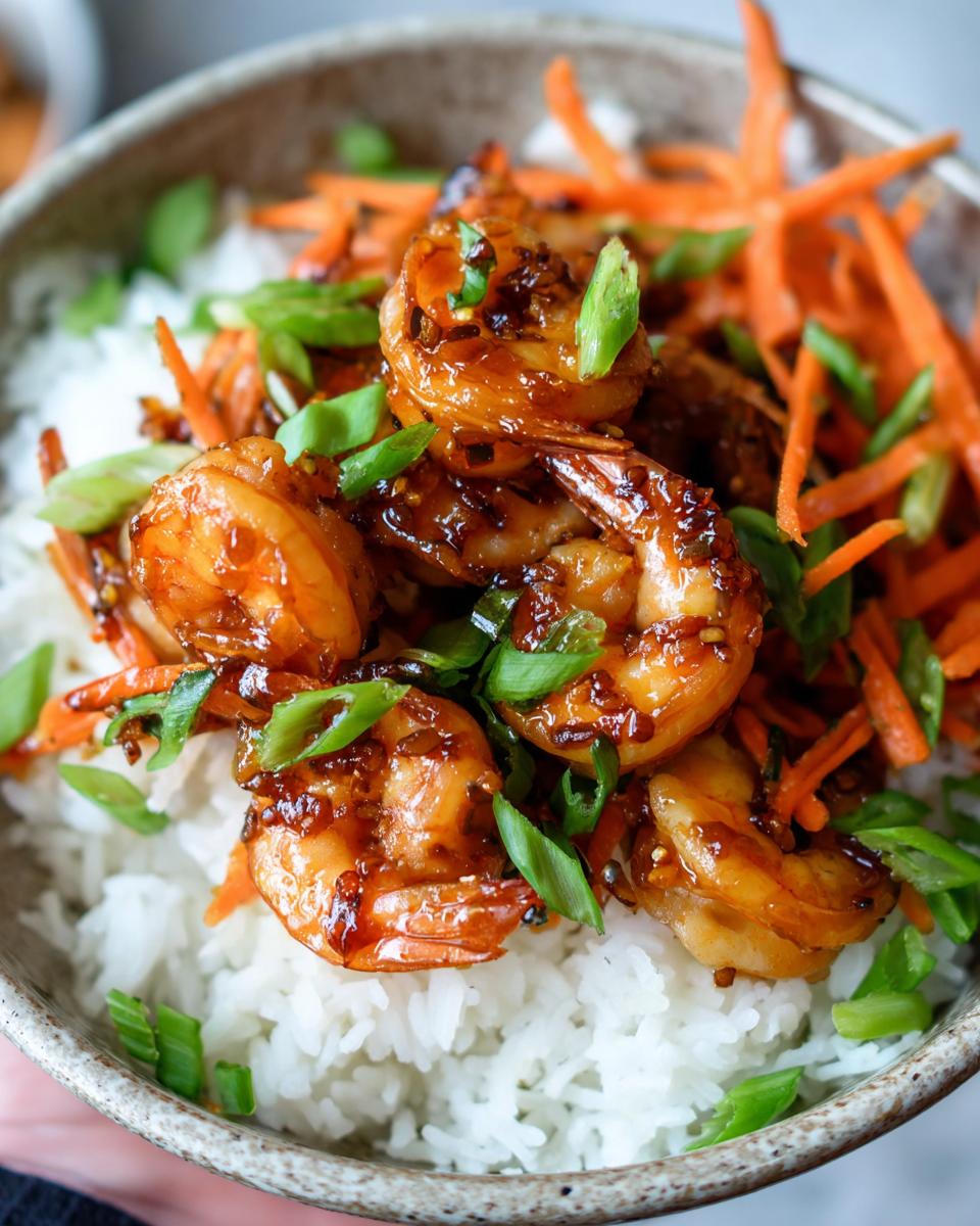 Close-up of Irresistible Honey Garlic Shrimp Bowls, featuring glossy shrimp over white rice with shredded carrots and green onions.