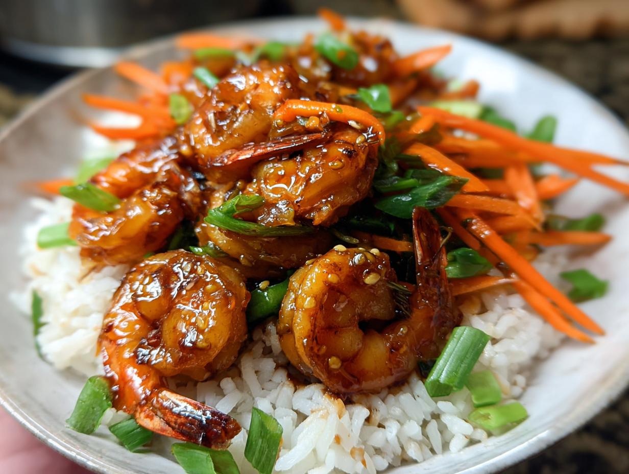 Close-up of Irresistible Honey Garlic Shrimp Bowls, featuring glazed shrimp over rice with shredded carrots and green onions.